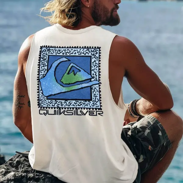Men's Vintage Surfing Co Mountain Print Round Neck Sleeveless Tank Top - Ootdyouth.com 