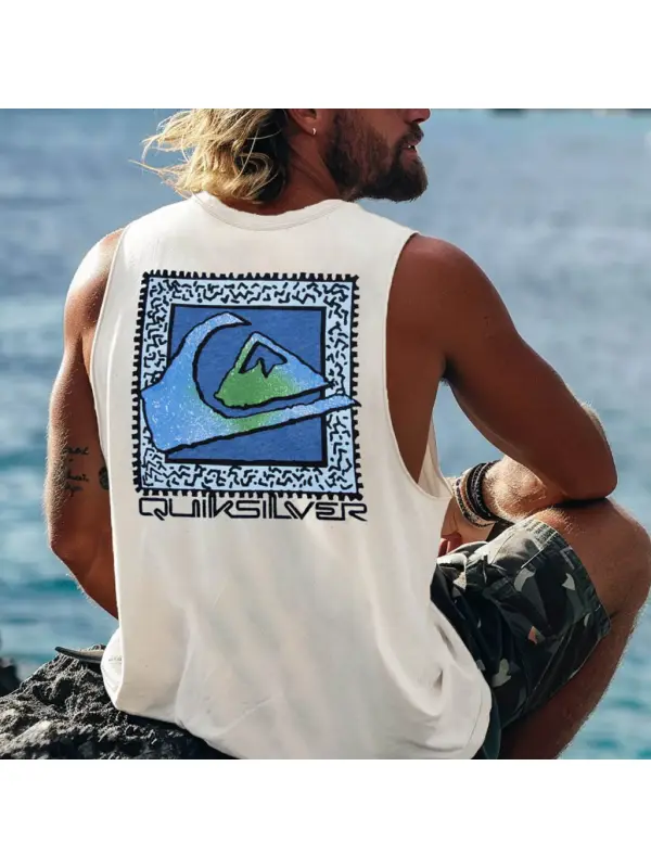 Men's Vintage Surfing Co Mountain Print Round Neck Sleeveless Tank Top - Frontiercool.com 