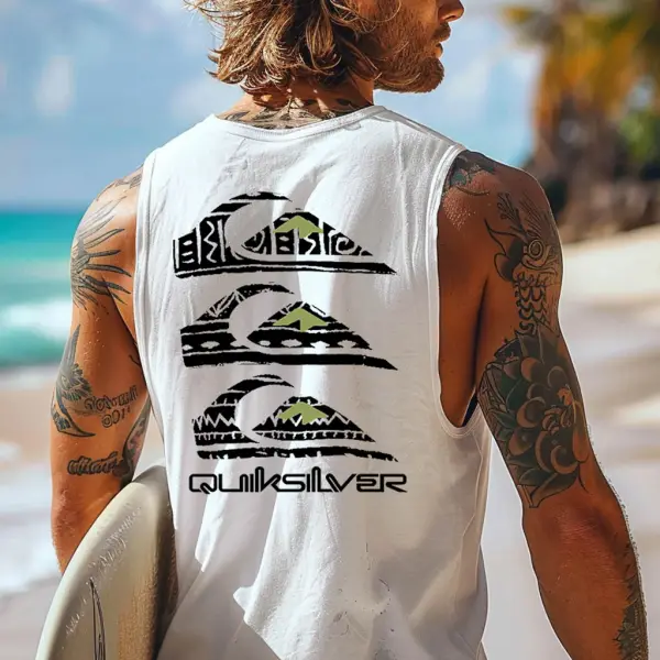 Men's Vintage Surfing Ethnic Print Round Neck Sleeveless Tank Top - Ootdyouth.com 
