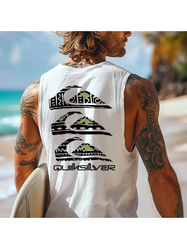 Men's Vintage Surfing Ethnic Print Round Neck Sleeveless Tank Top - Frontiercool.com 
