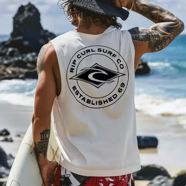 Men's Vintage Surfing Staple Print Round Neck Sleeveless Tank Top - Ootdyouth.com 
