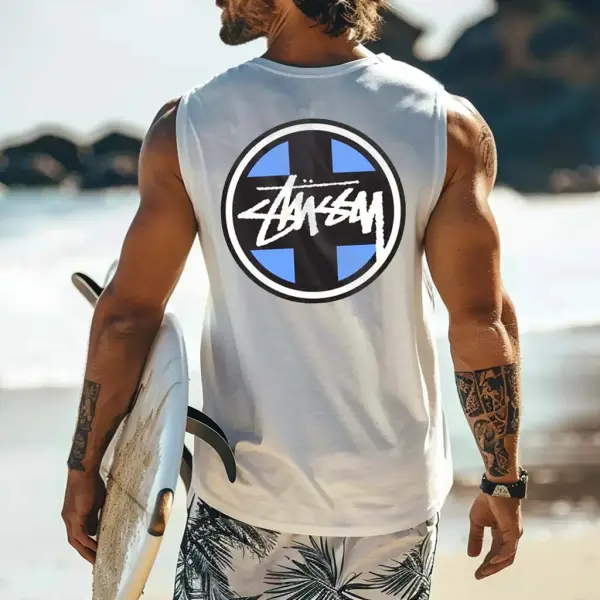 Men's Vintage Blue Surfing Print Round Neck Sleeveless Tank Top - Ootdyouth.com 