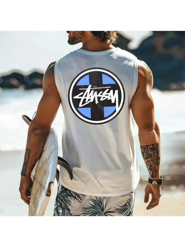 Men's Vintage Blue Surfing Print Round Neck Sleeveless Tank Top - Frontiercool.com 