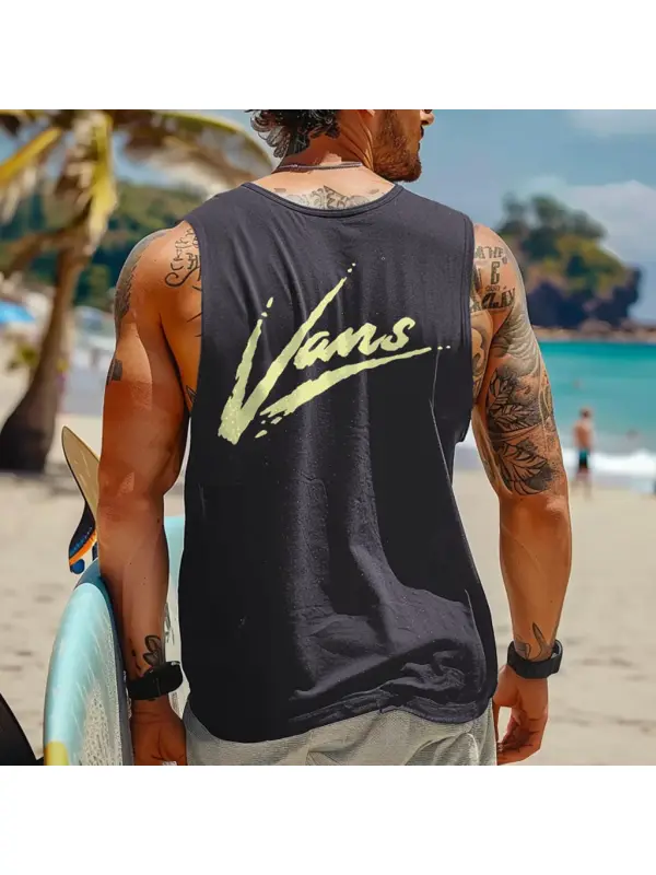 Men's Vintage Surfing Brush Print Round Neck Sleeveless Tank Top - Frontiercool.com 