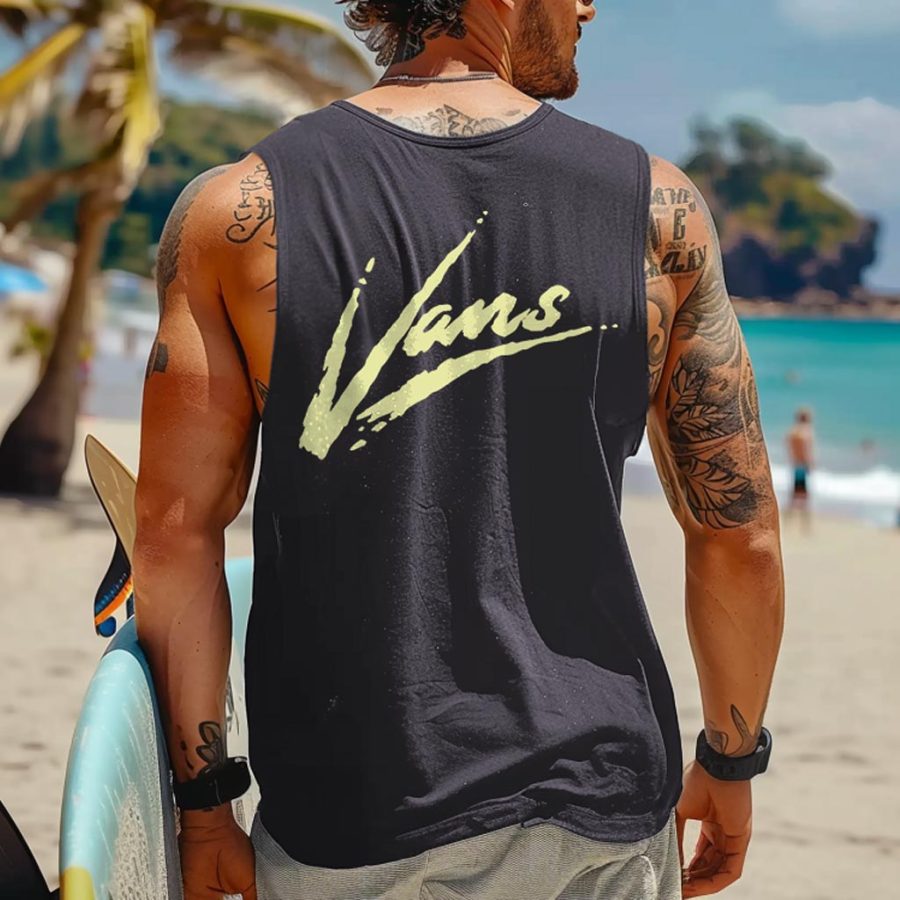 

Men's Vintage Surfing Brush Print Round Neck Sleeveless Tank Top