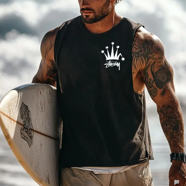 Men's Vintage Surfing Oversized Street Style Print Tank Top - Ootdyouth.com 