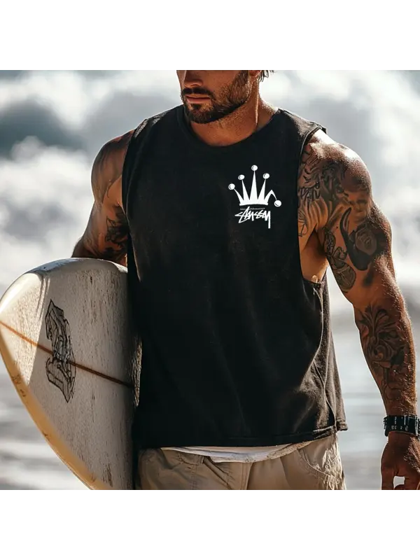 Men's Vintage Surfing Oversized Street Style Print Tank Top - Frontiercool.com 