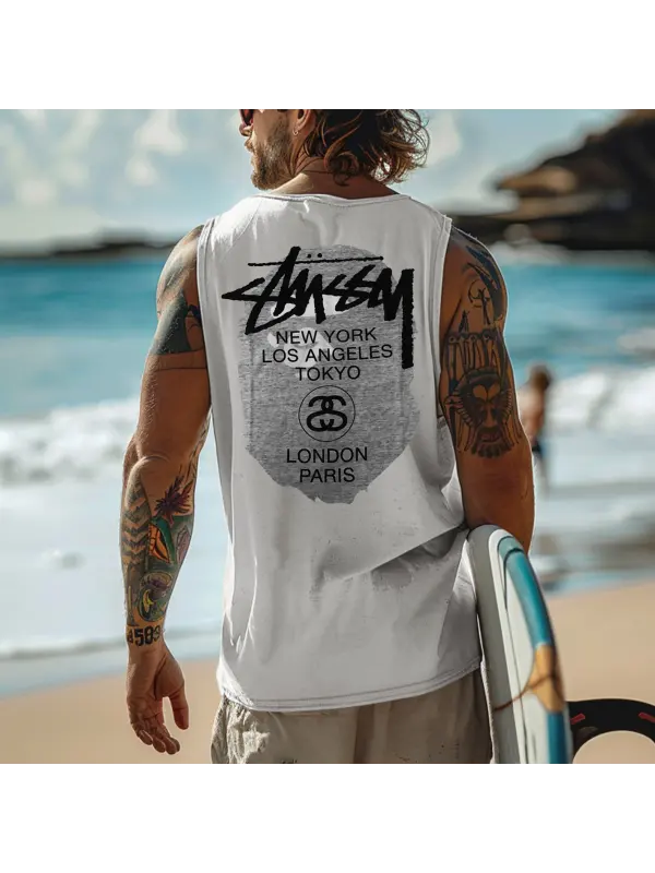 Men's Vintage Surfing Oversized Print Tank Top - Frontiercool.com 