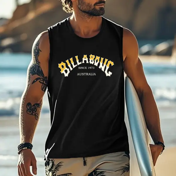 Men's Vintage Surfing Since 1973 Australia Print Round Neck Sleeveless Tank Top - Ootdyouth.com 
