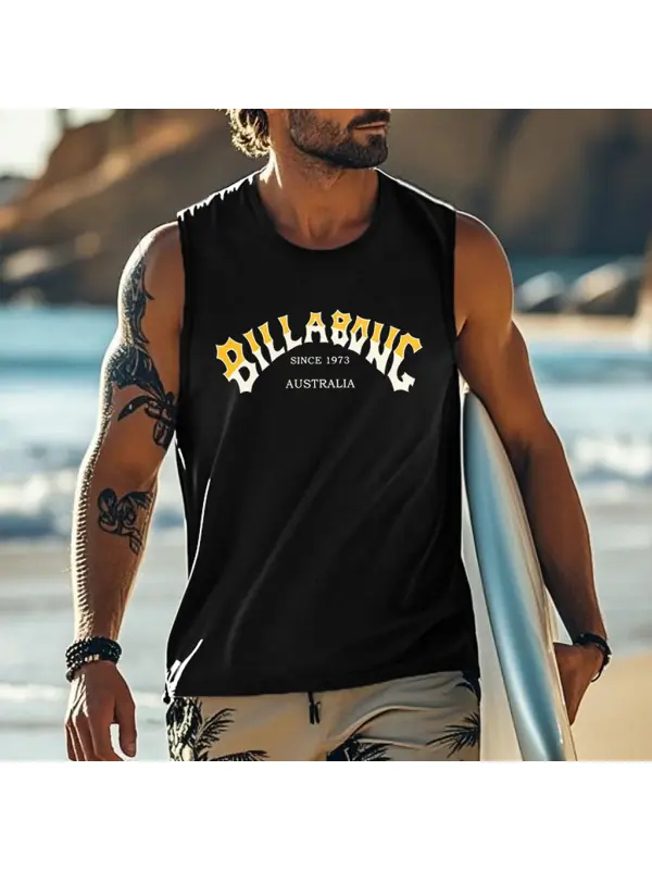 Men's Vintage Surfing Since 1973 Australia Print Round Neck Sleeveless Tank Top - Anrider.com 