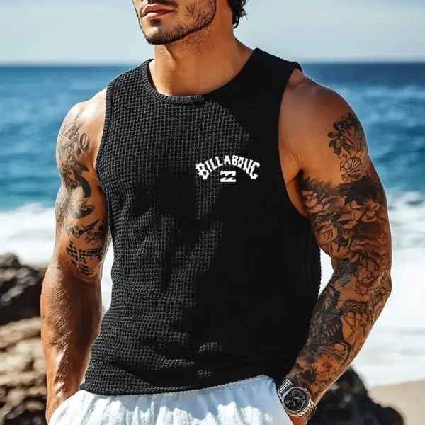Men's Vintage Black Waffle Knit Surfing Print Sleeveless Crew Neck Tank Top - Ootdyouth.com 
