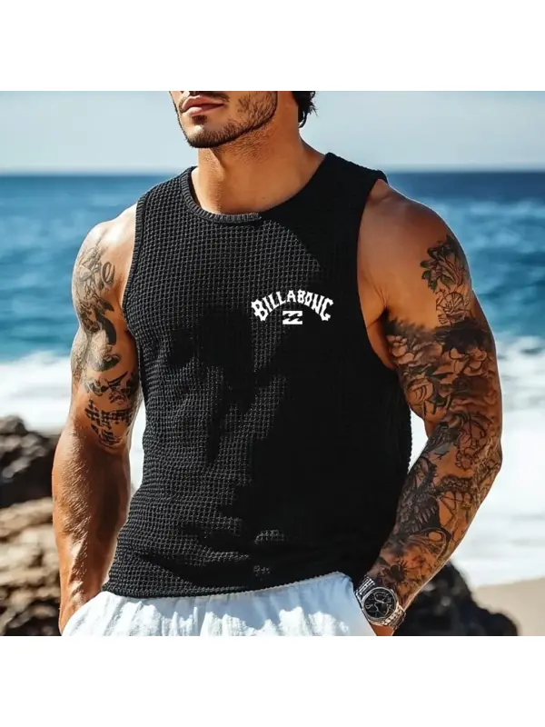 Men's Vintage Black Waffle Knit Surfing Print Sleeveless Crew Neck Tank Top - Anrider.com 
