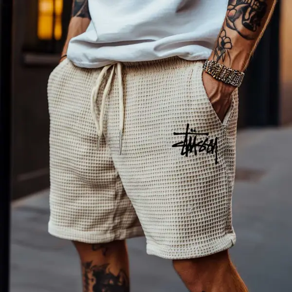 Men's Vintage Surfing Waffle Knit Beige Elastic Drawstring Boardshorts - Ootdyouth.com 