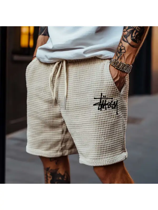 Men's Vintage Surfing Waffle Knit Beige Elastic Drawstring Boardshorts - Anrider.com 