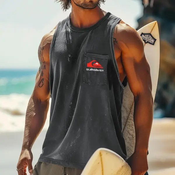 Men's Vintage Surfing Print Pocket Round Neck Sleeveless Tank Top - Ootdyouth.com 