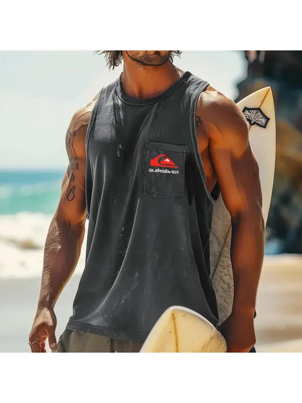 Men's Vintage Surfing Print Pocket Round Neck Sleeveless Tank Top - Anrider.com 