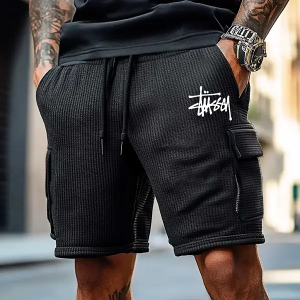 Men's Vintage Surfing Waffle Knit Multi-Pocket Casual Walkshort Workwear Elastic Cargo Shorts - Spiretime.com 