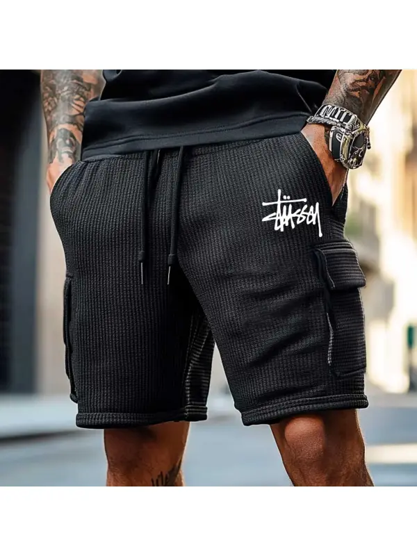 Men's Vintage Surfing Waffle Knit Multi-Pocket Casual Walkshort Workwear Elastic Cargo Shorts - Anrider.com 