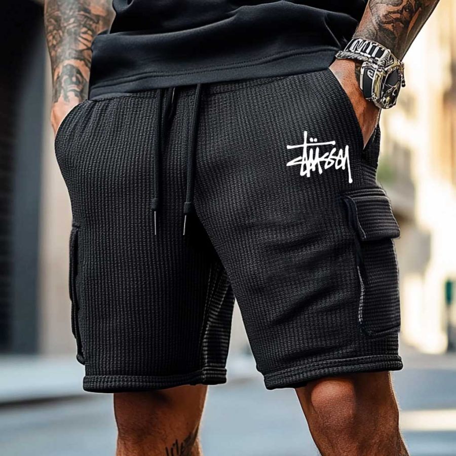 

Stussy Men's Vintage Surfing Waffle Knit Multi-Pocket Casual Walkshort Workwear Elastic Cargo Shorts