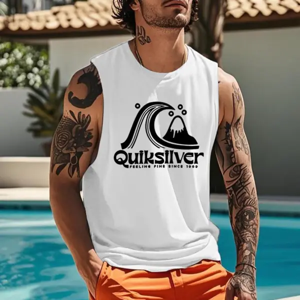 Men's Vintage Surfing Print Round Neck Sleeveless Tank Top - Wayrates.com 