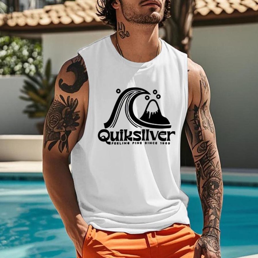 

Men's Vintage Surfing Print Round Neck Sleeveless Tank Top