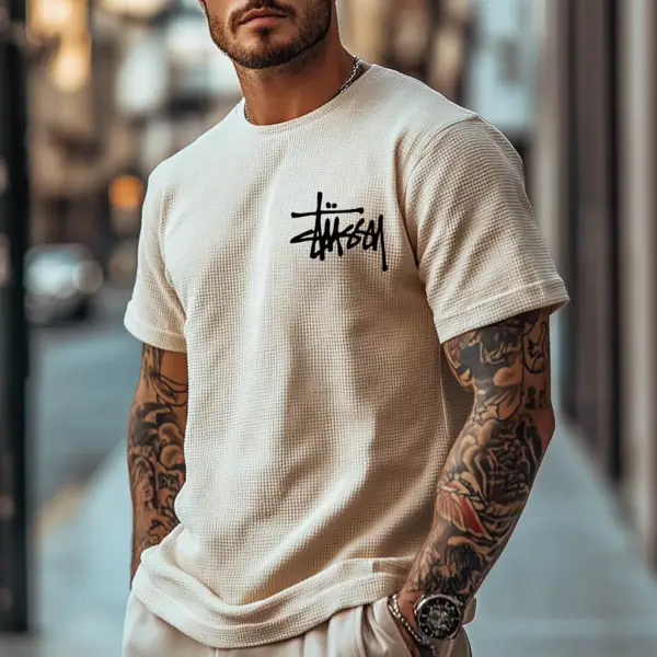 Men's Vintage Surfing Beige Waffle Knit Short Sleeve Crew Neck T-Shirt - Yesunshine.com 