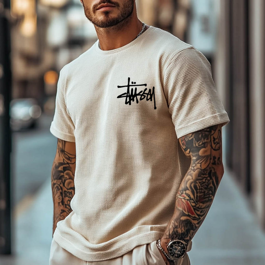 

Stussy Men's Vintage Surfing Beige Waffle Knit Short Sleeve Crew Neck T-Shirt