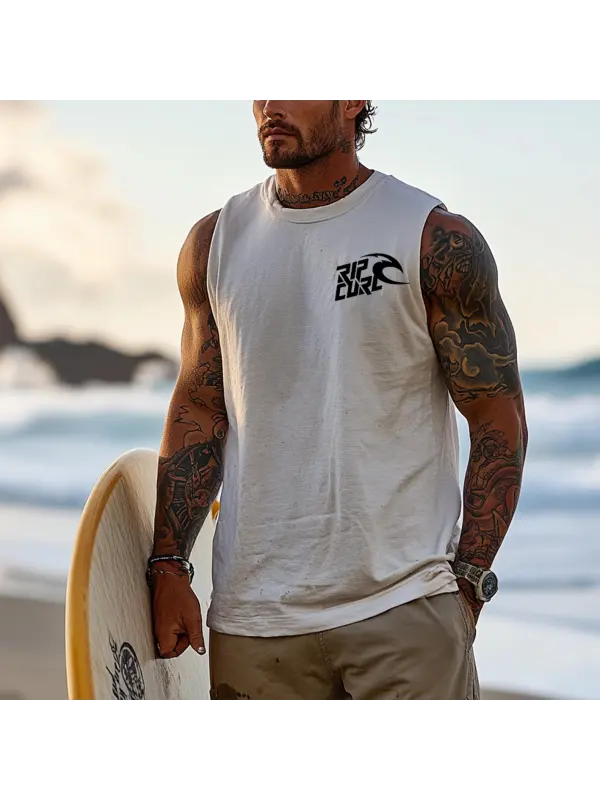Men's Vintage Surfing Oversized Print Tank Top - Anrider.com 