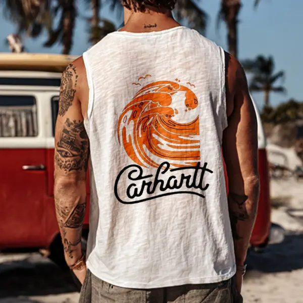 Men's Casual Beach Comfortable Breathable White Printed Sleeveless Vest Top - Ootdyouth.com 