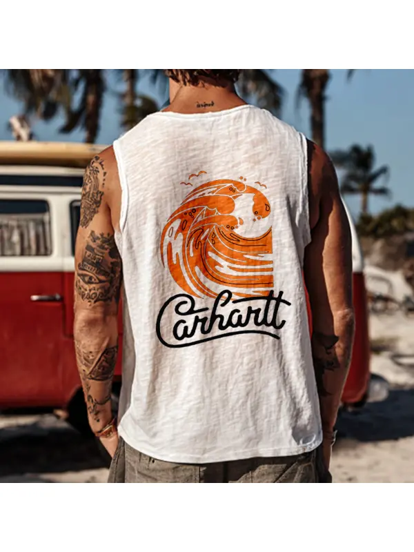Men's Casual Beach Comfortable Breathable White Printed Sleeveless Vest Top - Ootdmw.com 