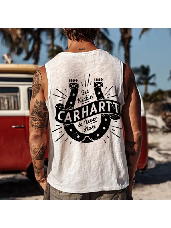 Men's Summer Casual Comfortable Breathable White Printed Sleeveless Vest Top - Anrider.com 