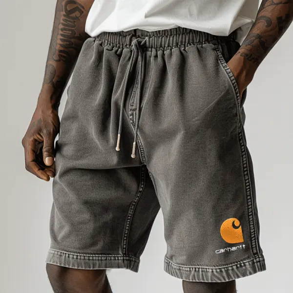 Stylish Vintage Wash Drawstring Waist Shorts With Side Logo Patch For Men - Ootdyouth.com 