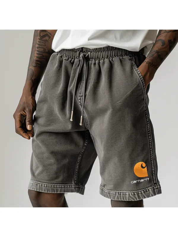 Stylish Vintage Wash Drawstring Waist Shorts With Side Logo Patch For Men - Ootdmw.com 