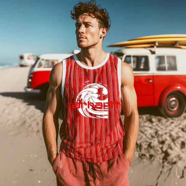Men's Summer Casual Comfortable Breathable Red Striped Tank Top - Ootdyouth.com 
