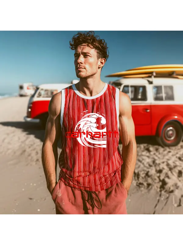 Men's Summer Casual Comfortable Breathable Red Striped Tank Top - Ootdmw.com 