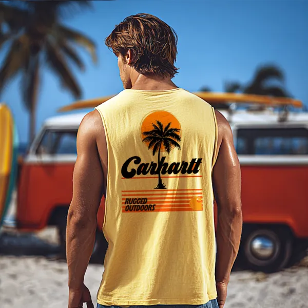 Men's Casual Beach Comfortable Breathable Yellow Printed Sleeveless Vest Top - Ootdyouth.com 