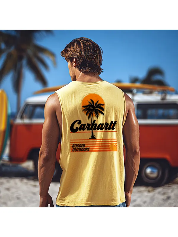 Men's Casual Beach Comfortable Breathable Yellow Printed Sleeveless Vest Top - Anrider.com 