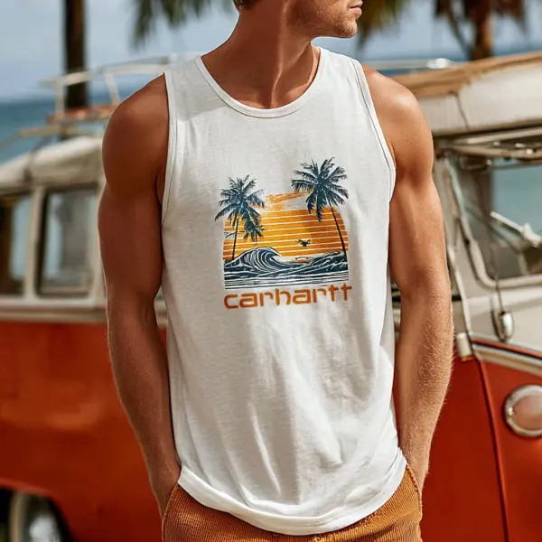 Men's Casual Beach Comfortable Breathable Tropical Sunset Tank Top - Ootdyouth.com 