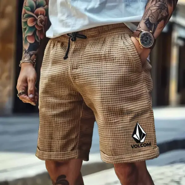 Men's Vintage Waffle Knit Surfing Diamond Embroidery Elastic Drawstring Walkshort Shorts - Ootdyouth.com 