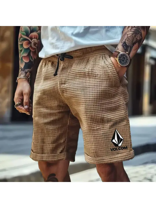 Men's Vintage Waffle Knit Surfing Diamond Embroidery Elastic Drawstring Walkshort Shorts - Ootdmw.com 