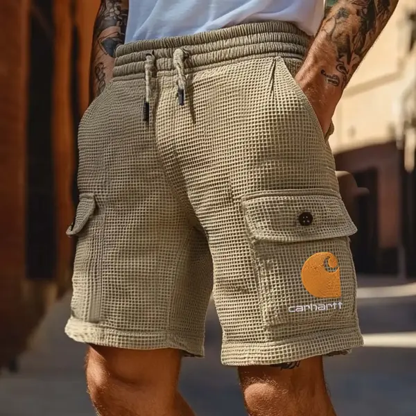 Men's Vintage Waffle Knit Surfing Embroidery Multi-Pocket Elastic Drawstring Walkshort Cargo Shorts - Ootdyouth.com 