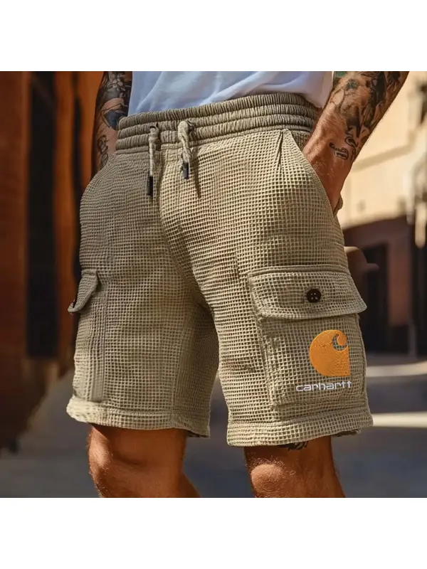 Men's Vintage Waffle Knit Surfing Embroidery Multi-Pocket Elastic Drawstring Walkshort Cargo Shorts - Ootdmw.com 