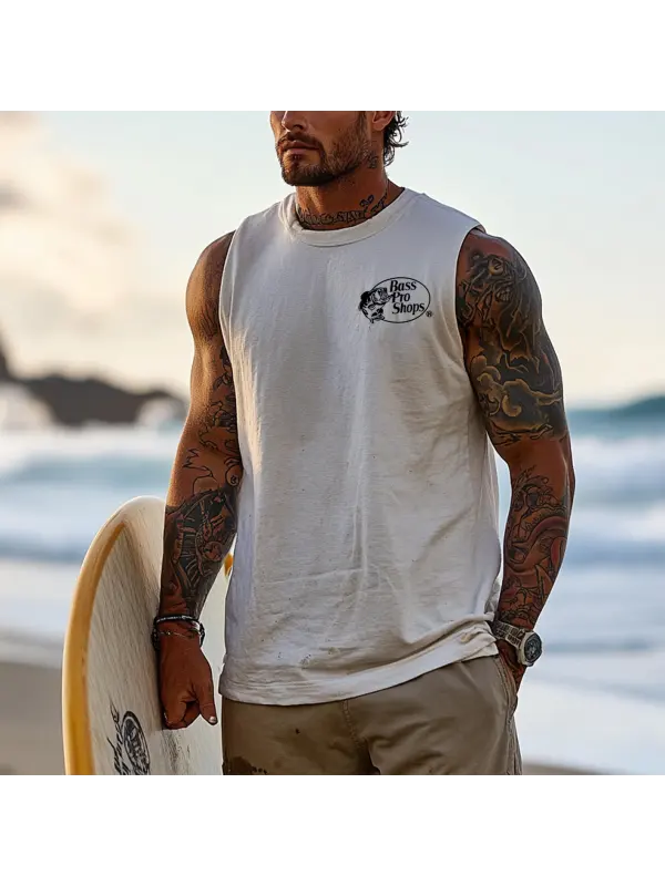 Men's Vintage Surfing Oversized Fish Print Tank Top - Anrider.com 