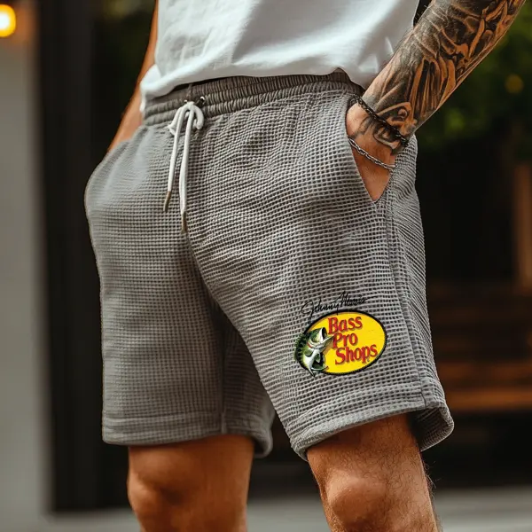 Men's Vintage Print Cement Gray Waffle Fabric Knit Surf Elastic Drawstring Shorts - Ootdyouth.com 