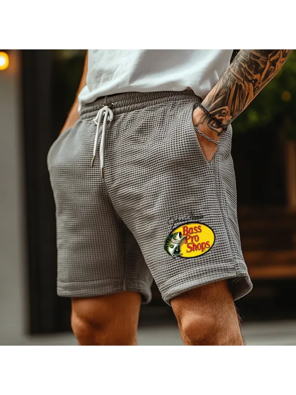 Men's Vintage Print Cement Gray Waffle Fabric Knit Surf Elastic Drawstring Shorts - Anrider.com 