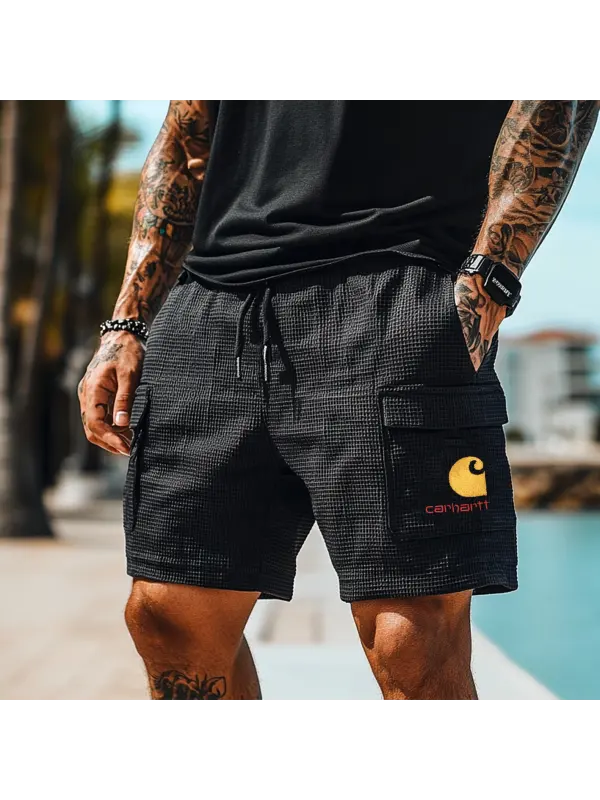 Men's Vintage Embroidery Black Waffle Fabric Patchwork Knit Pockets Surf Elastic Drawstring Shorts - Ootdmw.com 