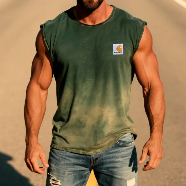Men's Vintage Gradient Tie Dye Surfing Print Round Neck Sleeveless Tank Top - Ootdyouth.com 