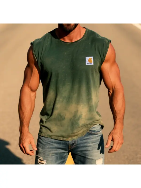 Men's Vintage Gradient Tie Dye Surfing Print Round Neck Sleeveless Tank Top - Frontiercool.com 