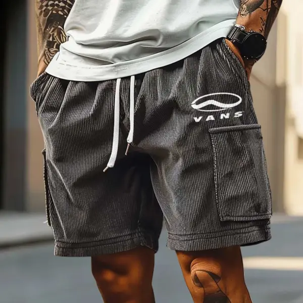 Men's Vintage Corduroy Surfing Print Multi-Pocket Elastic Drawstring Walkshort Cargo Shorts - Ootdyouth.com 