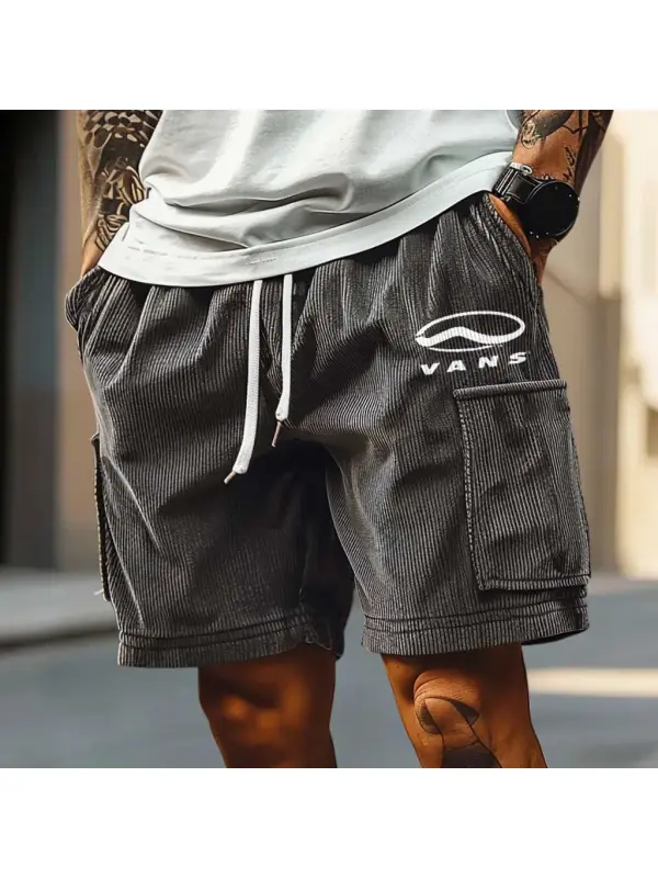Men's Vintage Corduroy Surfing Print Multi-Pocket Elastic Drawstring Walkshort Cargo Shorts - Ootdmw.com 